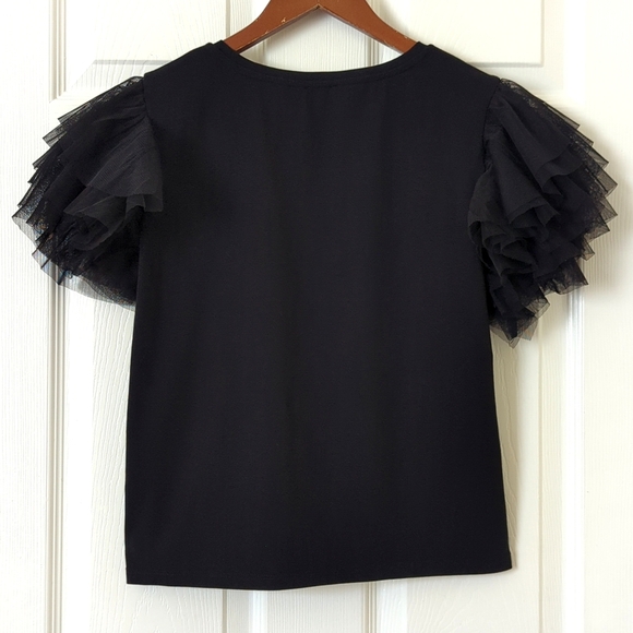 Joie Flirty Ruffled Tiered Tulle Short Sleeve Lightweight Crewneck Top Black L - Picture 8 of 9